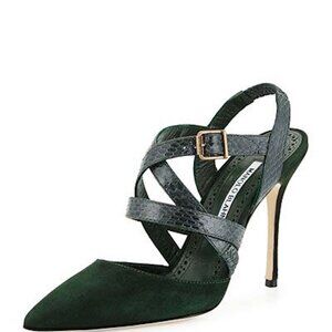 Manolo Blahnik Pitina Strappy Watersnake Heels | Emerald Green | Great Condition